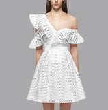 Self Portrait Luxury Runway Dress New Arrival Asymmettical Neck One-Shoulder Lace Hollow Out Patchwork Runway Pink