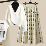 Warm Knitwears 3 Pieces Set For Womens Outfit Korean High Quality Pullover Knitted Sweater+print Pleated Skirts Sets
