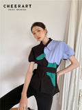 Color Block Lantern Sleeve Summer Shirt For Women Short Sleeve Blouse Button Up Collared Shirt Designer Top
