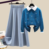 Knitted Two Piece Set Womens Outfits Korean Casual Turn Down Collar Long Sleeve Embroidery Knitted Sweater+skirts
