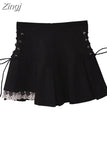 Women's A-line Skirts Bandage Lace Patchwork Kawaii Lolita Mini Skirt Korean Gothic Black High Waist Y2k Harajuku Vintage