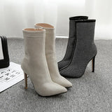 Zingj Women Boots Pointed Rhinestone High Heel Boots Autumn Winter Women Shoes Have 42 Yards Spot-Outfit