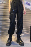 High Waist Ankle Length Pants Women Bandage Loose Techwear Straight Removable Pantalons Pockets Wide Leg Hip Hop