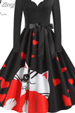 Big Swing Print Vintage Christmas Dress Women Winter Casual Long Sleeve V Neck Sexy New Year Party Dress