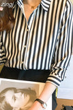 Women's Shirt 2023 Black and White Striped Tops for Women Versatile Polo Neck Clothing Long Sleeve Woman Basic Shirts