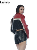 Spring Autumn Cool Patchwork Crop Pu Leather Jacket Women Long Sleeve Luxury Designer Clothes Runway European