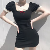 SUCHCUTE Summer Square Neck Retro Lace Patchwork Elegant Bodycon Dress Streetwear Ladies Short Sleeve Mini Dresses