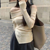 Elegant Slash Neck Sweaters Women Irregular Split Knitted Jumpers Korean Slit Solid Basic Slim Pullovers Autumn