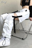 High Waist Ankle Length Pants Women Bandage Loose Techwear Straight Removable Pantalons Pockets Wide Leg Hip Hop