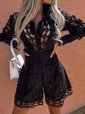 Women Solid Embroidered Hollow Patchwork Romper Elegant Long Sleeve Stand Collar Button Jumpsuit Ladies Casual