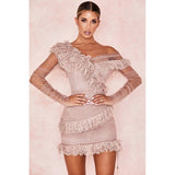 New Summer Women Bandage Mini Pink Dress Sexy V Neck Long Sleeve Backless Elegant Lace Bodycon Club Party Dress