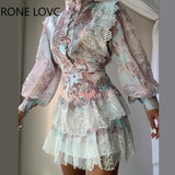 Women Chic Lantern Sleeve button Lace Hem All Over Print Mini Sweat Skirt