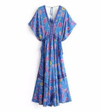 Queens Women Peacock Floral Print V-neck Beach Vacation Bohemian Rayon Dresses Ladies V Neck Tassel Summer Boho