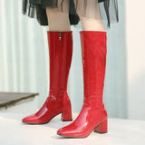 White Red Women Boots Patent Leather Thick Heel Knee High Boots Fashion Zipper Square Toe Autumn Winter Long