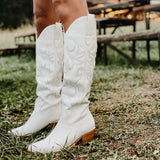 Onlymaker Women White Knee High Boots Western Cowboy Boots Wide Calf Embroidered Pointed Toe Block Heel Pull-On Cowgirl
