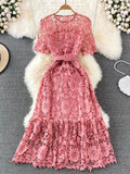 Hollow Out Lace Long Dress Women Sexy O-Neck Short Sleeve High Waist A-Line Vacation Beach Vestidos Female With Belt