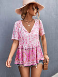 Summer Boho Blouse Women Floral Print Womens Tops And Blouses V Neck Short Sleeve Blouse For