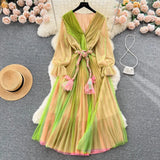 Women's Fashion France Vintage Pleated Long Dress Summer Autumn Sexy V-Neck Lace Up Party Runway Vestidos Female Elegant