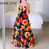 Women Elegant Floral Print Spaghetti Strap Deep V Neck Maxi Sweet Sexy Beach Vacation