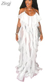 Sexy Mesh Beach Maxi Dresses Women Spaghetti Strap Ruffle Robe Swimwear Summer New Fashion Backless Swimsuit Cover