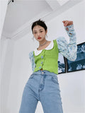 Puff Sleeve Peter Pan Collar Crop Blouse Floral Long Sleeve Korean Knitted Top High Fashion Designer Patchwork
