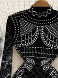 Autumn Women Gold/Silver Rivet Bodycon Party Dress Vintage Stand Collar Long Sleeve Sheath Slim Black Vestidos