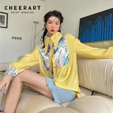 Spring 2022 Womens Fashion Yellow Patchwork Button Up Shirt Long Sleeve Collared Blouse Lantern Sleeve Designer
