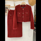 Style New Year Red Women's Suit Jacket Skirt Set Autumn and Winter Temperament Elegant Suit Coat Long Skirt Two-piece