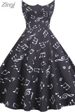 Summer Dress Women Sweet Peter pan Collar Vintage Elegant Music Note Print Slim Sleeveless Party Dresses