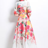 Famous Bow Tie With Lantern Sleeve High-Rise Dress Female Thin Elegant Print