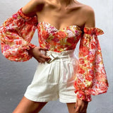 Floral Print Strapless Chiffon Shirt Fashion Women Off Shoulder Halter Sexy Blouse Shirt Summer Backeless Tops