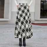 Autumn Lady High-Rise Thin Lattice A-Shaped Skirt Party Casual Loose Swing Umbrella