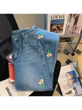 Jeans Women Fashion Vintage Basic Blue Ankle-length Denim Pants Sweet Flower Print Jeans Female Korean Summer 2022