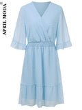 Solid Chiffon Flare Sleeve Mini Boho Summer Dress Holiday Frills Ruffle Hem Beach Floral Sundress Wrap Cocktail