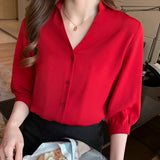 Women's Shirt Vintage Red Button Blouses for Women Short Sleeve Shirts Female Top Polo Neck Solid Blouse Office Lady Basic