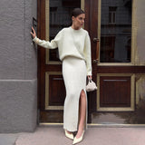 High Open Fork Tight Skirt Wool Set Unique Open Design Autumn And Winter Elegant Fashion Pure Color