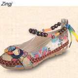 Size Flat Shoes Woman Beaded Strap Women Colorful Back Lace up Fashion Ladies Floral Cotton Fabric Women's