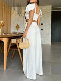 Elegant Solid Women Two Piece Set With Pants Deep V Square Collar Sexy Short Top Wide Leg Pants Suit Office Lady