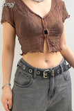Y2K Vintage Fashion Brown Crop Top Sexy Skinny Summer T-shirts Women See Through Frill 90s Aesthetic Cute Preppy