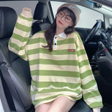 Winter New Oversized Women's Sweatshirt Korean Style Green Striped Polo Collar Long-sleeve Sweatshirt Retro Woman