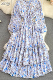 Women Pritned Long Dress Vintage Stand Collar Single Breasted Puff Sleeve High Waist A-Line Elegant Big Swing Maxi