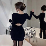 Elegant Knitted Mini Dress Women Sexy Hollow Out Bandage Sweater A Line Dresses Korean Party Black Backless Slim