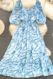 Women Printed Long Dress Vintage V-Neck Puff Short Sleeve A-Line Slim Vestidose Female Elegant Casual Robe New