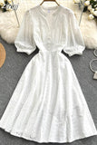 Women Green/Orange/White Hollow Out Midi Dress Elegant V-Neck Puff Short Sleeve High Waist Party Robe Female Vestido
