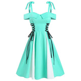 Women Party Dress Cold Shoulder Lace-Up Contrast Flare Dress Short Sleeves Casual Mini Dresses Robe
