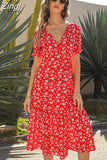 Print Women Summer Dress Chiffon Casual Elegant Split Short Sleeve V Neck Long Dress Boho Beach
