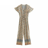 Queens Women Floral Print Lace-up Boho Bodysuits Elastic Waist Short Sleeve V-neck Bohemian Rayon Playsuits