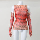 Mesh Letter Print Sleeveless Top With Gloves-Outfit