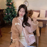 Sweet Faux Lamb Wool Coat Women Thick Bow Patchwork Jacket Winter Vintage Korean Elegant Faux Fur Casual Outerwear