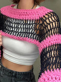 Pastel Goth Aesthetics Striped Print Knitted Crop Pullover Women Fashion Y2K Cute O-neck Hollow Out Crochet Covers
